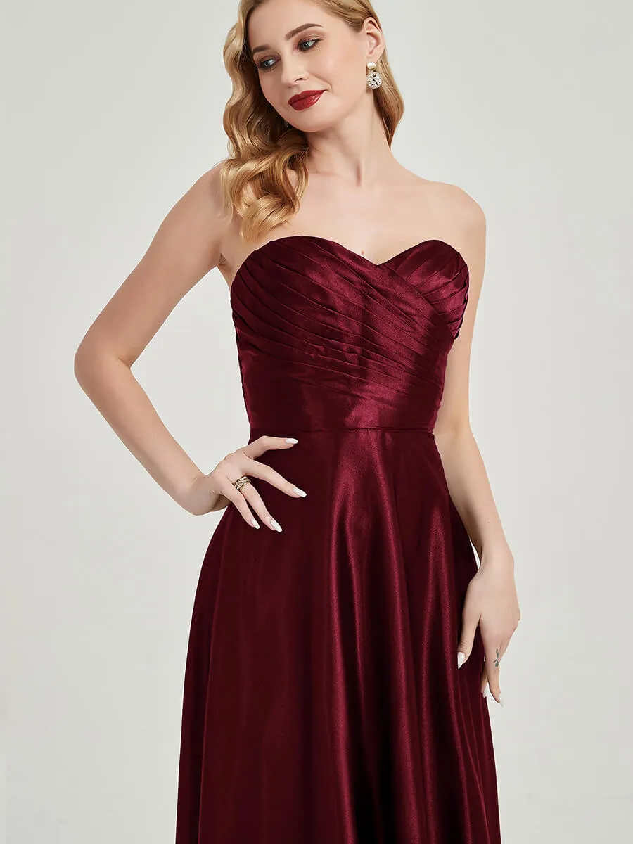Burgundy Satin Sweetheart Strapless Maxi Pleated Bridesmaid Dress