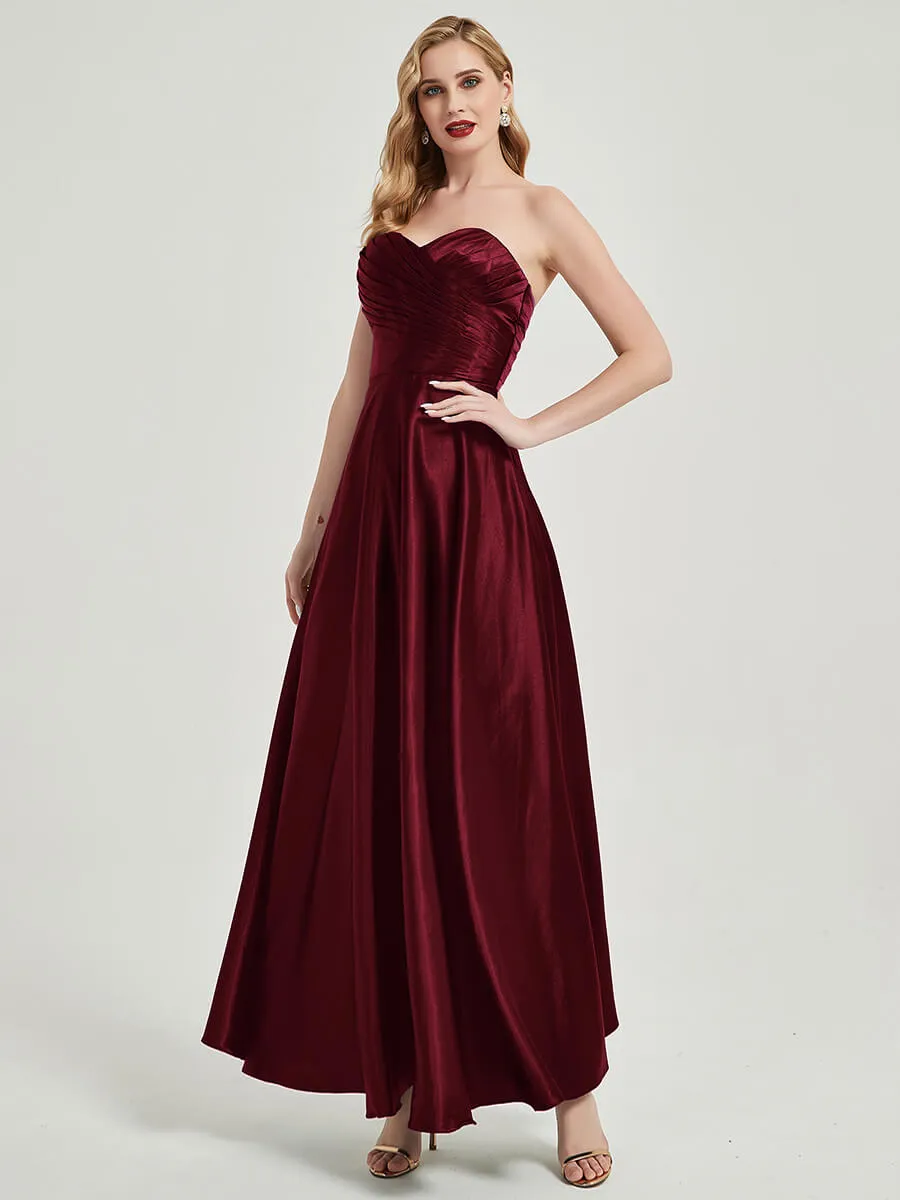 Burgundy Satin Sweetheart Strapless Maxi Pleated Bridesmaid Dress
