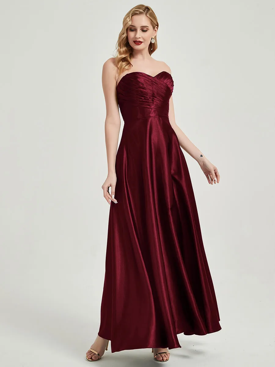 Burgundy Satin Sweetheart Strapless Maxi Pleated Bridesmaid Dress