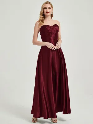 Burgundy Satin Sweetheart Strapless Maxi Pleated Bridesmaid Dress