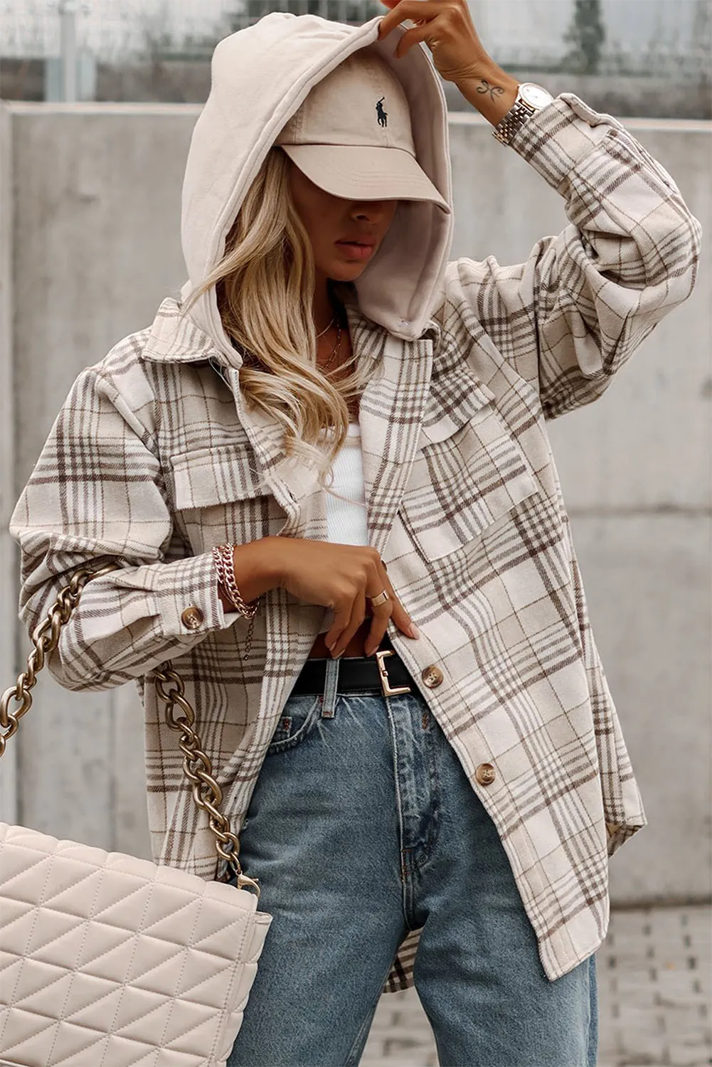 Casual Plaid Removable Hood Buttoned Jacket Shacket