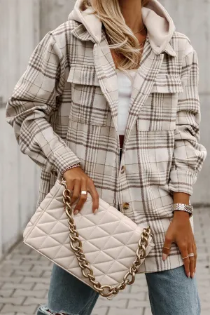 Casual Plaid Removable Hood Buttoned Jacket Shacket