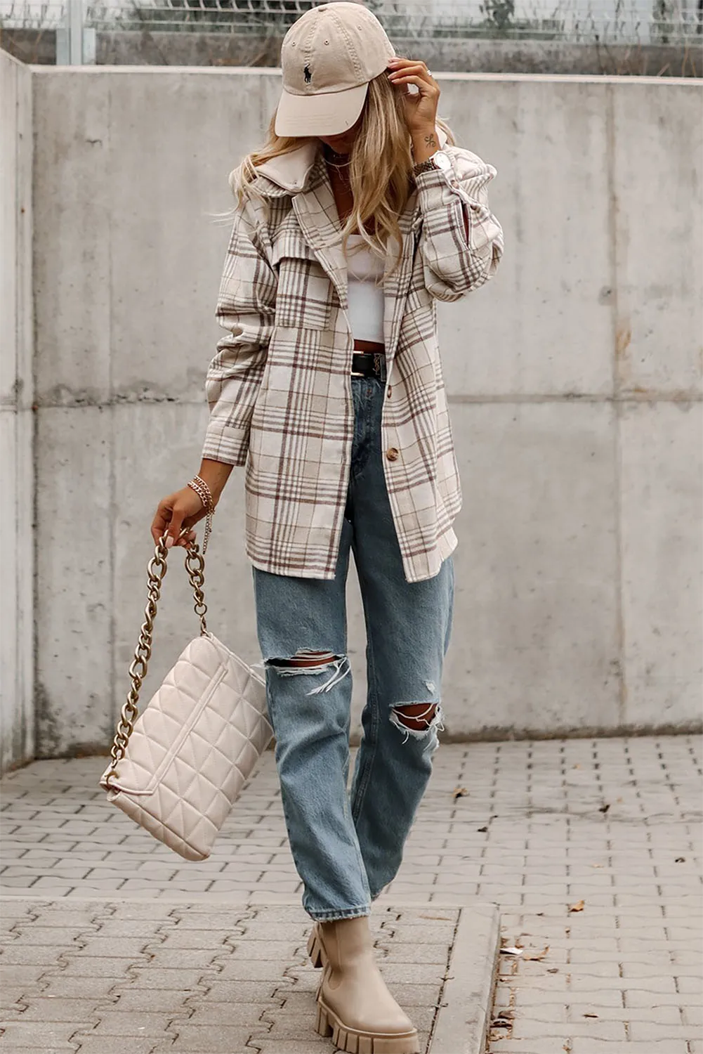 Casual Plaid Removable Hood Buttoned Jacket Shacket