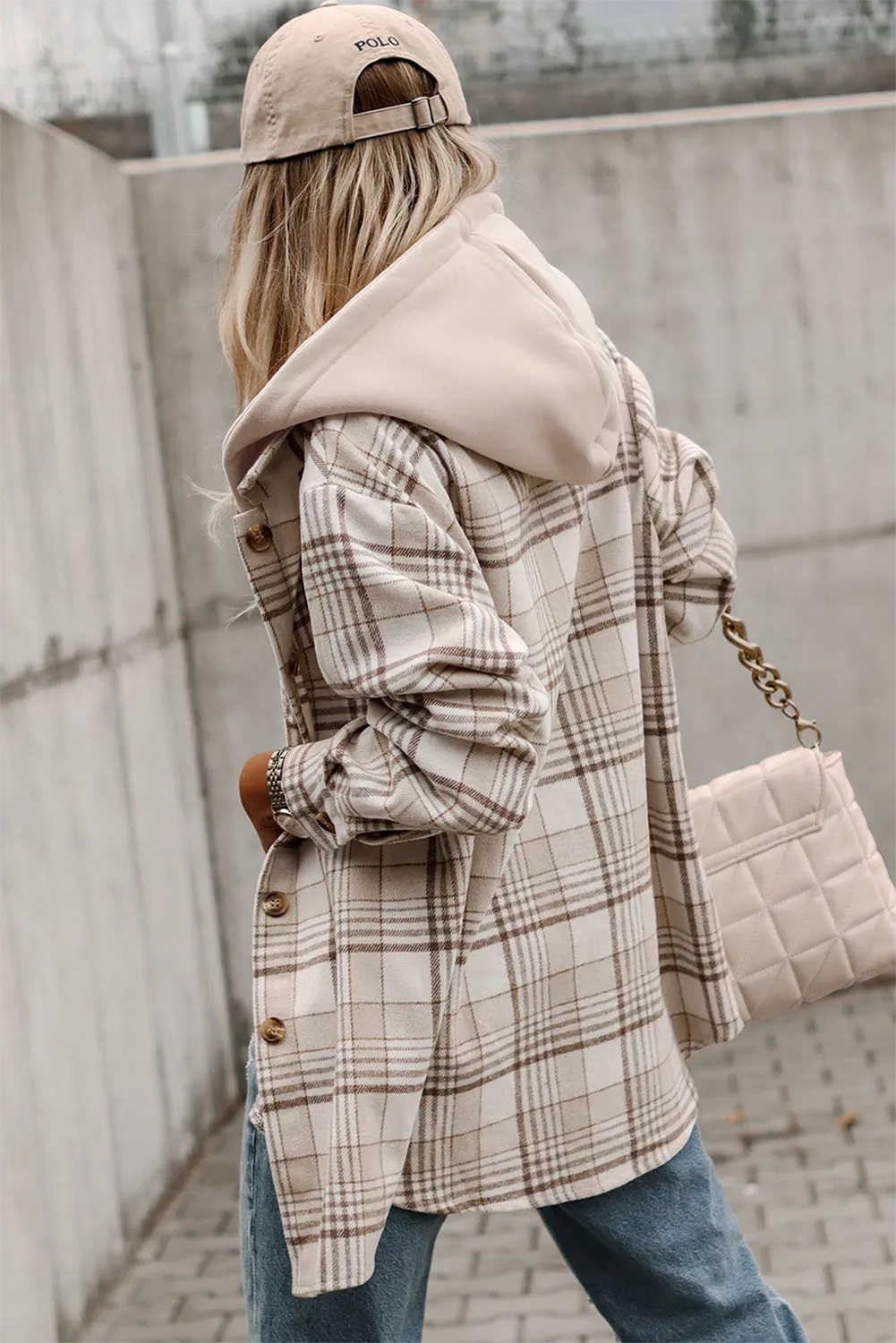 Casual Plaid Removable Hood Buttoned Jacket Shacket