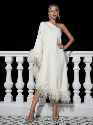 Ceridwen One Shoulder Feather Trimmed Midi Dress In White