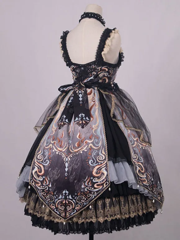 Chinese Style Lolita Dress Bows Sleeveless Polyester Chinese Style Floral Print Black Chinese Style Lolita
