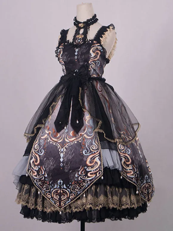 Chinese Style Lolita Dress Bows Sleeveless Polyester Chinese Style Floral Print Black Chinese Style Lolita