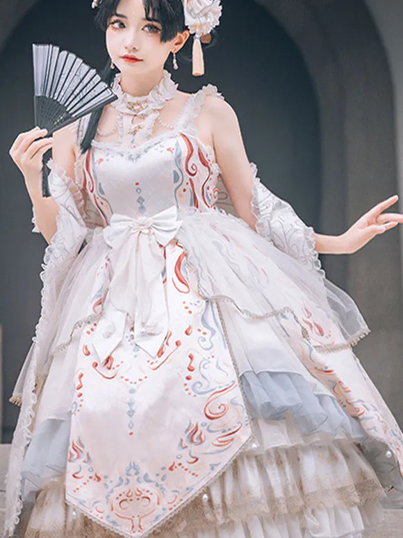 Chinese Style Lolita Dress Bows Sleeveless Polyester Chinese Style Floral Print Black Chinese Style Lolita