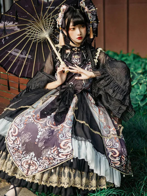 Chinese Style Lolita Dress Bows Sleeveless Polyester Chinese Style Floral Print Black Chinese Style Lolita