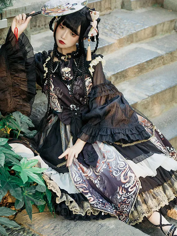 Chinese Style Lolita Dress Bows Sleeveless Polyester Chinese Style Floral Print Black Chinese Style Lolita