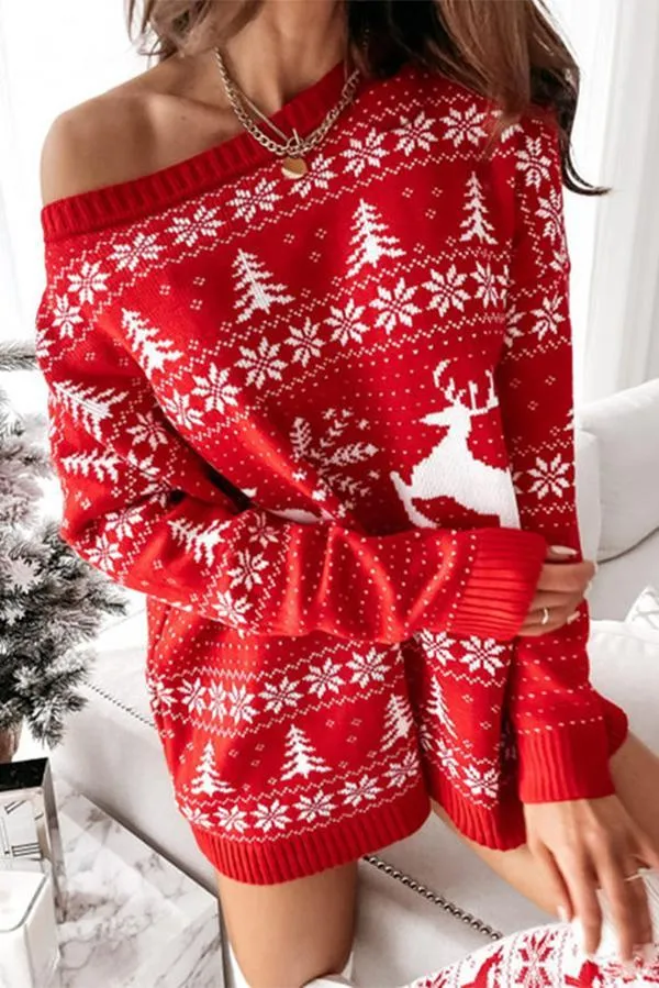 Christmas Jacquard Loose Knit Long Sleeve Dress