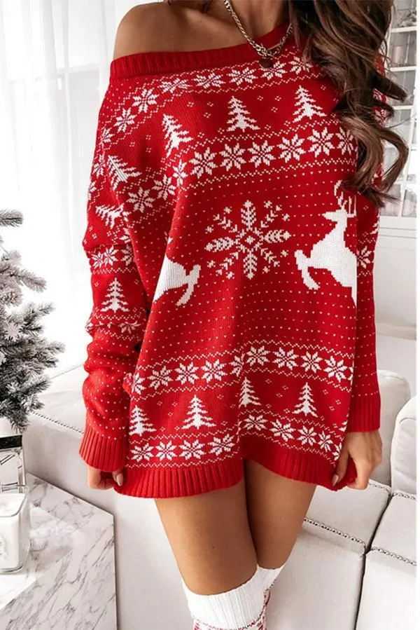 Christmas Jacquard Loose Knit Long Sleeve Dress