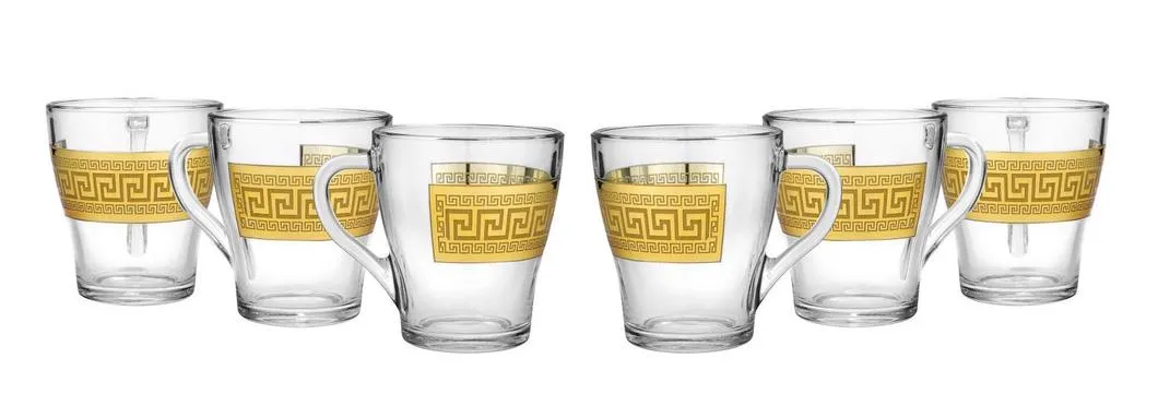 Clear Tea Glasses 6-pc Tea Set Greek Key, 6 Cups with Gold Rimmed (Antique Greek)
