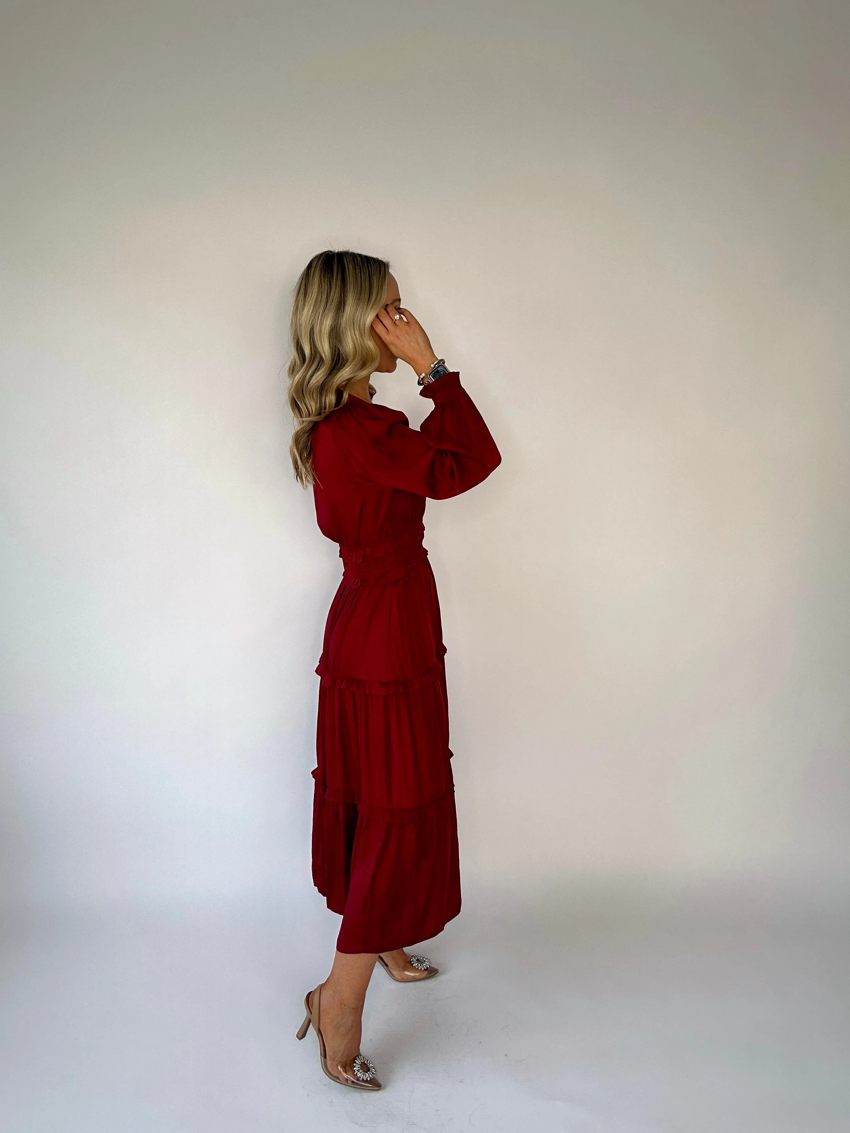Crimson Kiss Satin Midi Dress