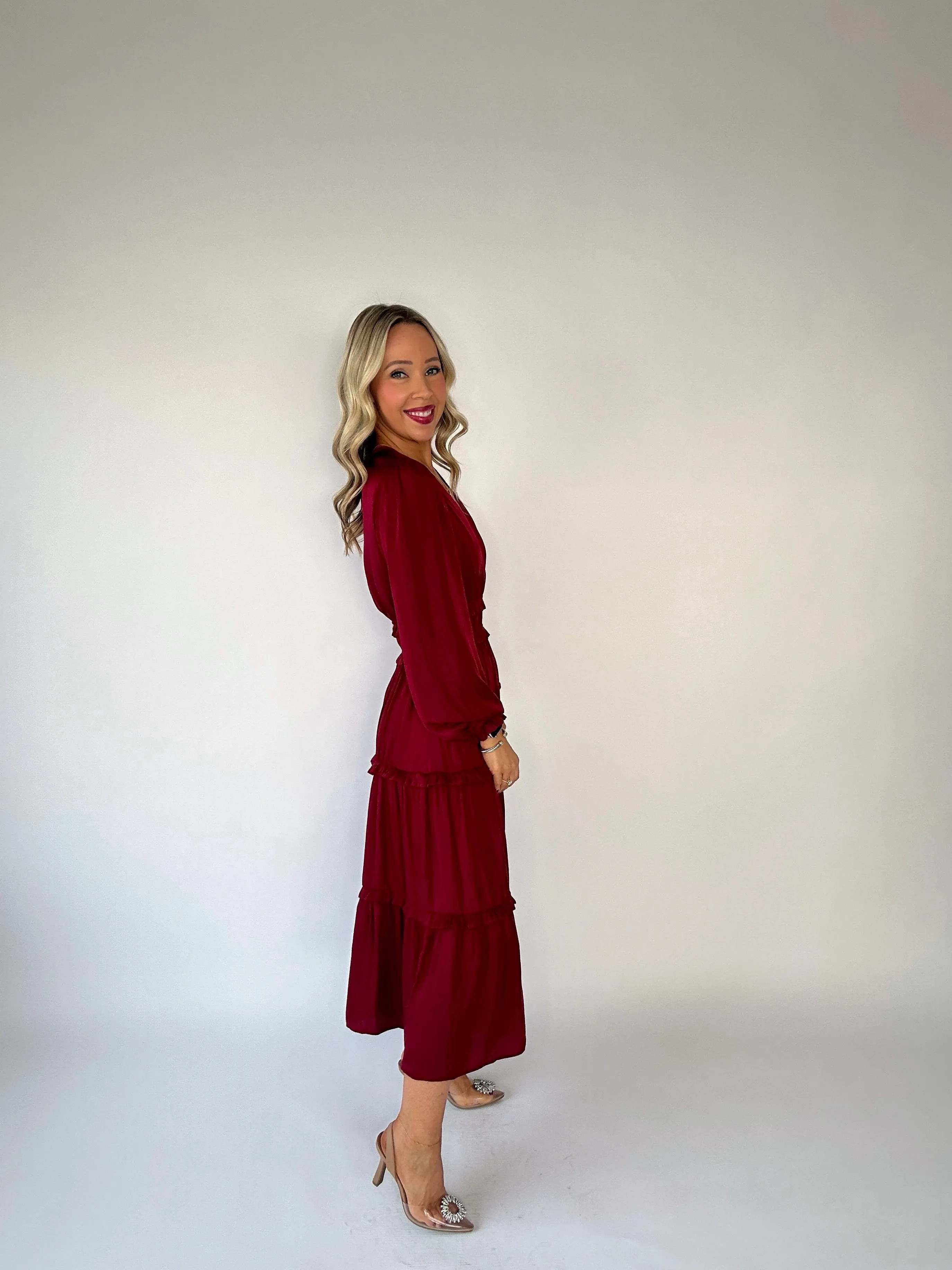 Crimson Kiss Satin Midi Dress