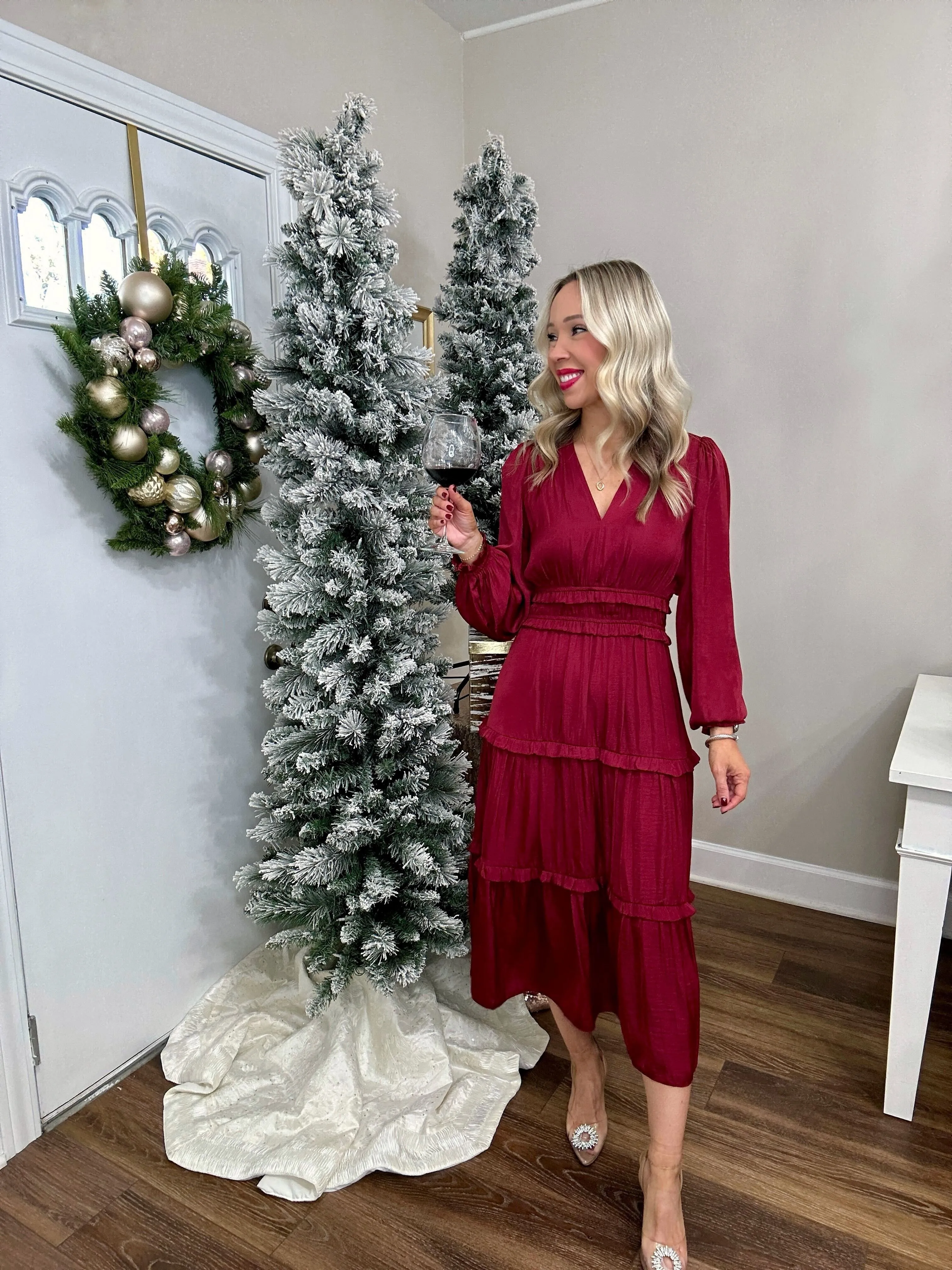 Crimson Kiss Satin Midi Dress