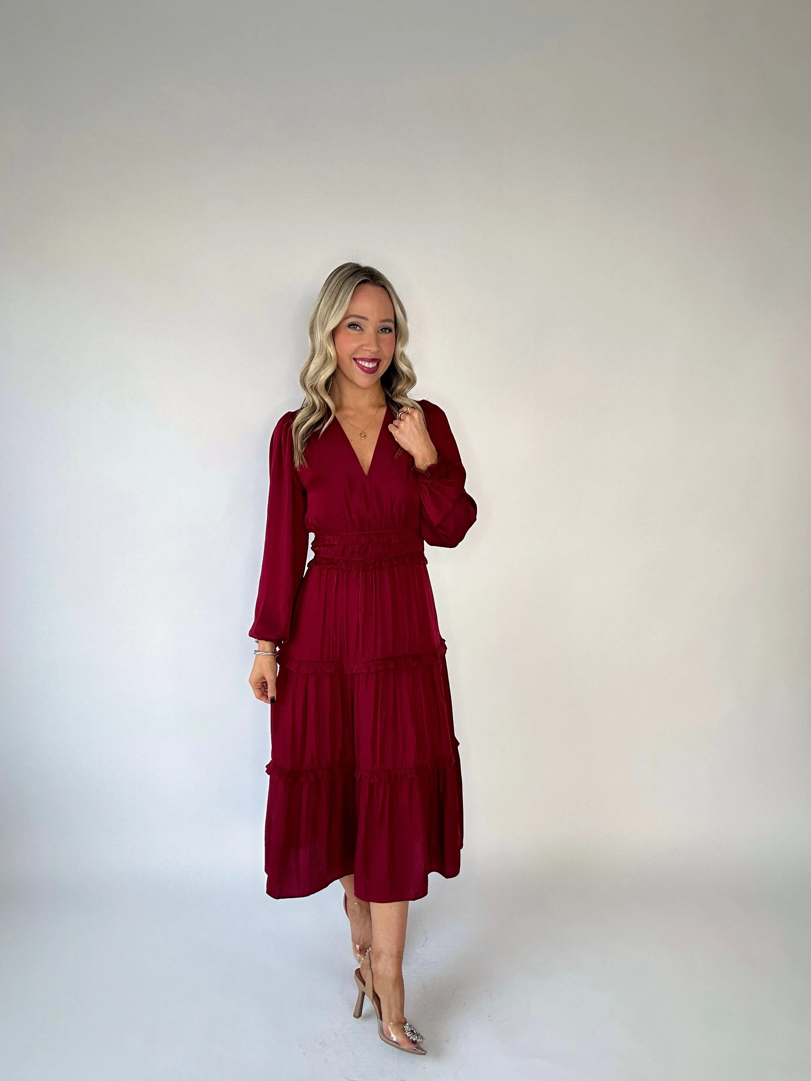Crimson Kiss Satin Midi Dress