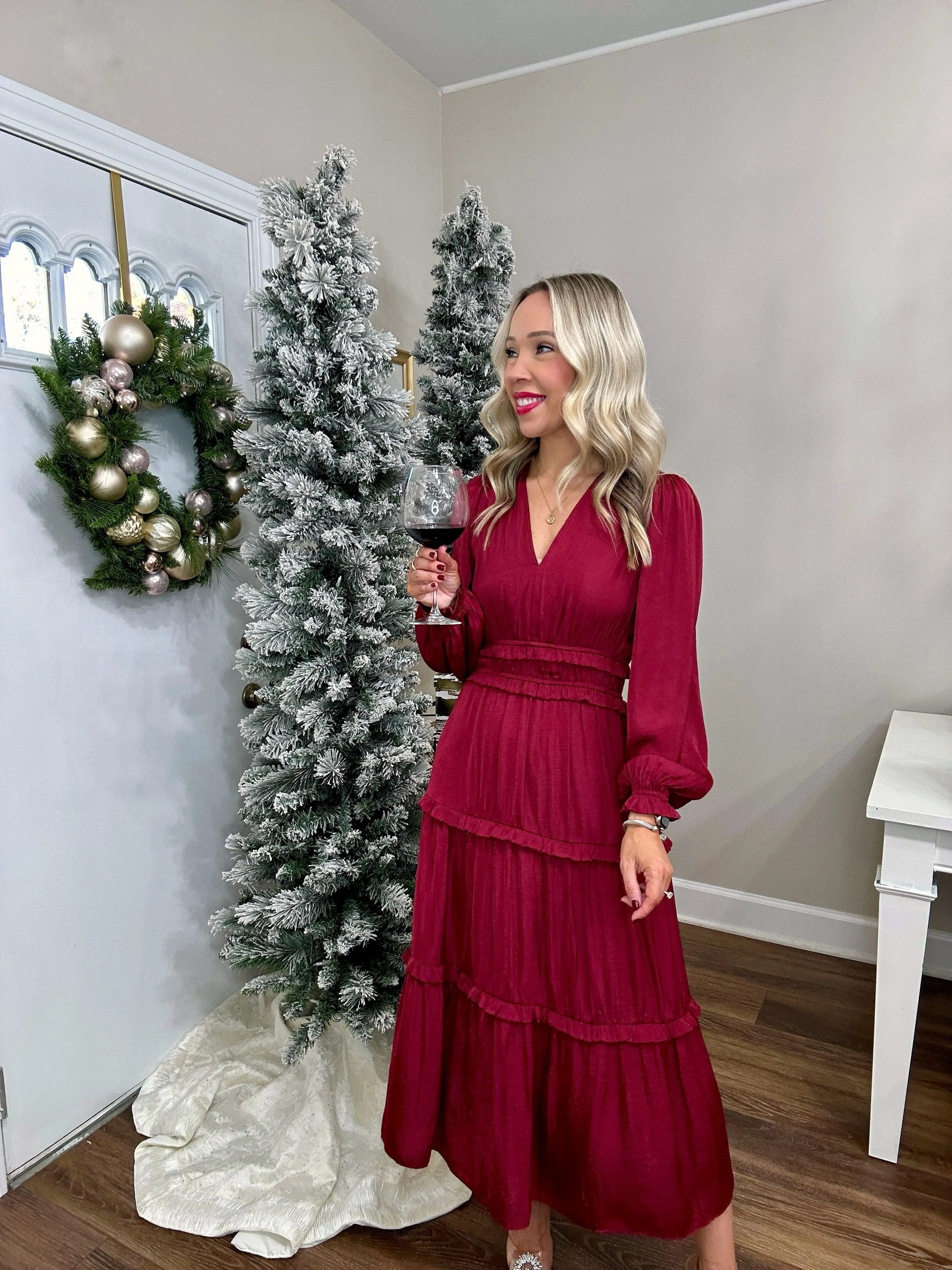 Crimson Kiss Satin Midi Dress