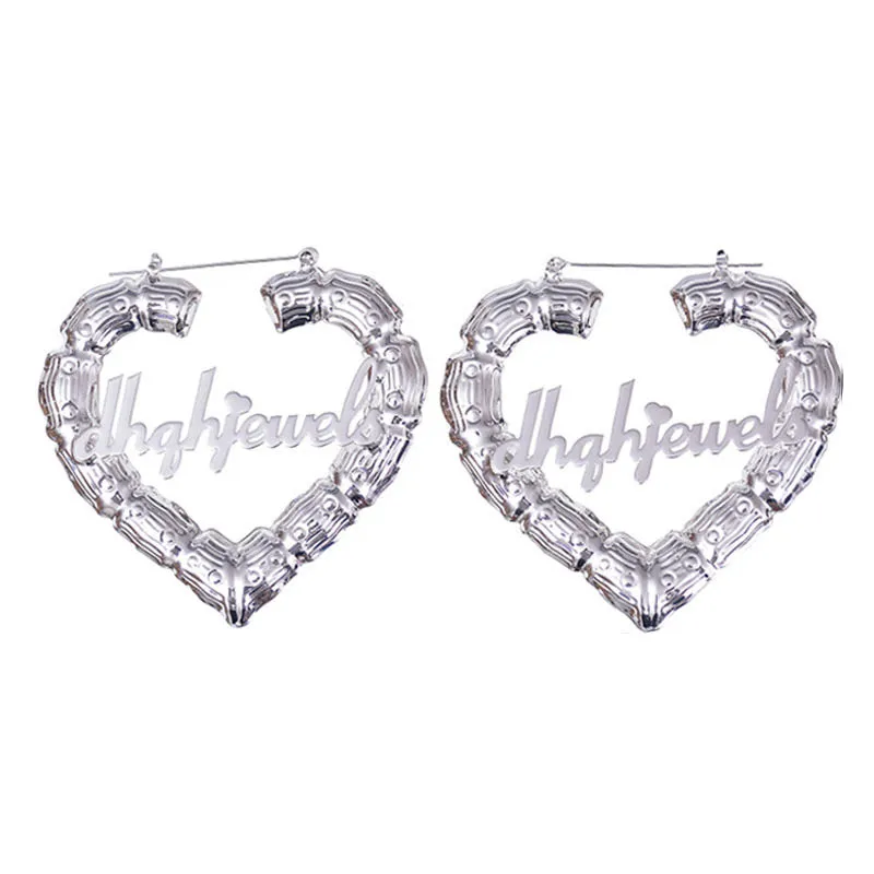 Custom Heart Bamboo Earrings with Name Personalized Door Knocker Earrings Retro Jewelry