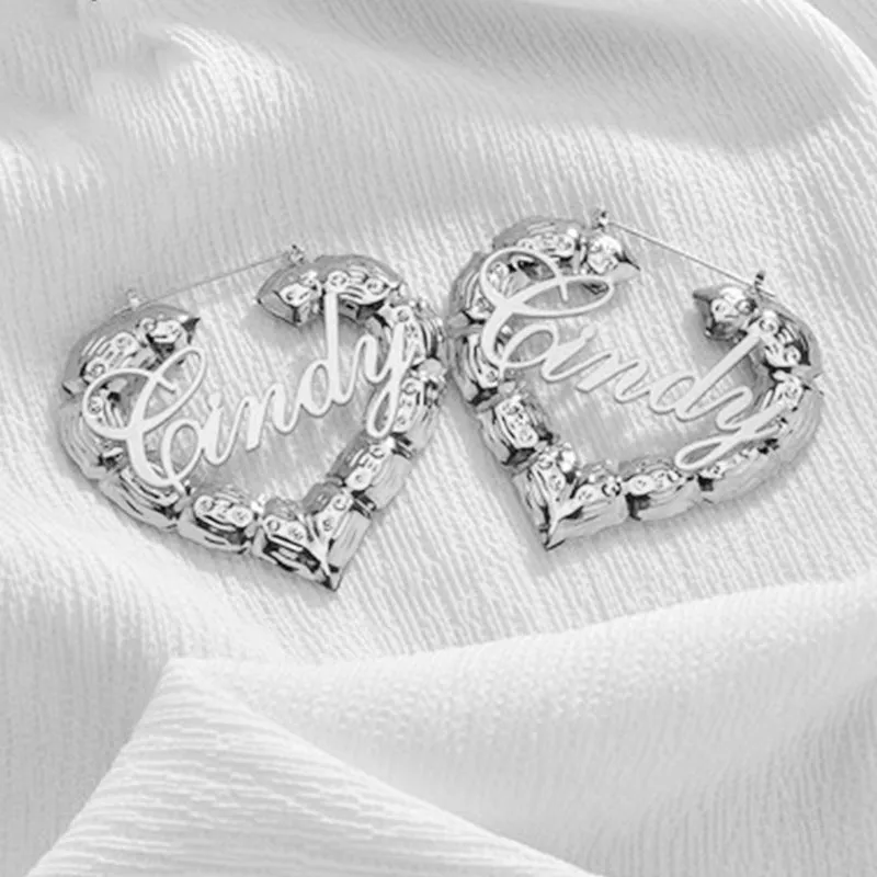 Custom Heart Bamboo Earrings with Name Personalized Door Knocker Earrings Retro Jewelry