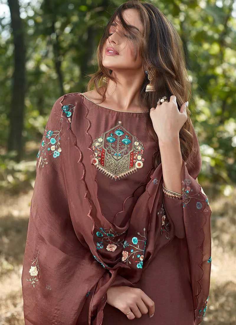 Dark Brown Embroidered Straight Pant Style Suit