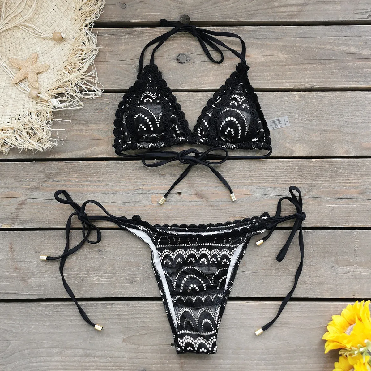 Delicate Lace-Trimmed Triangle Bikini with Adjustable Tie Sides