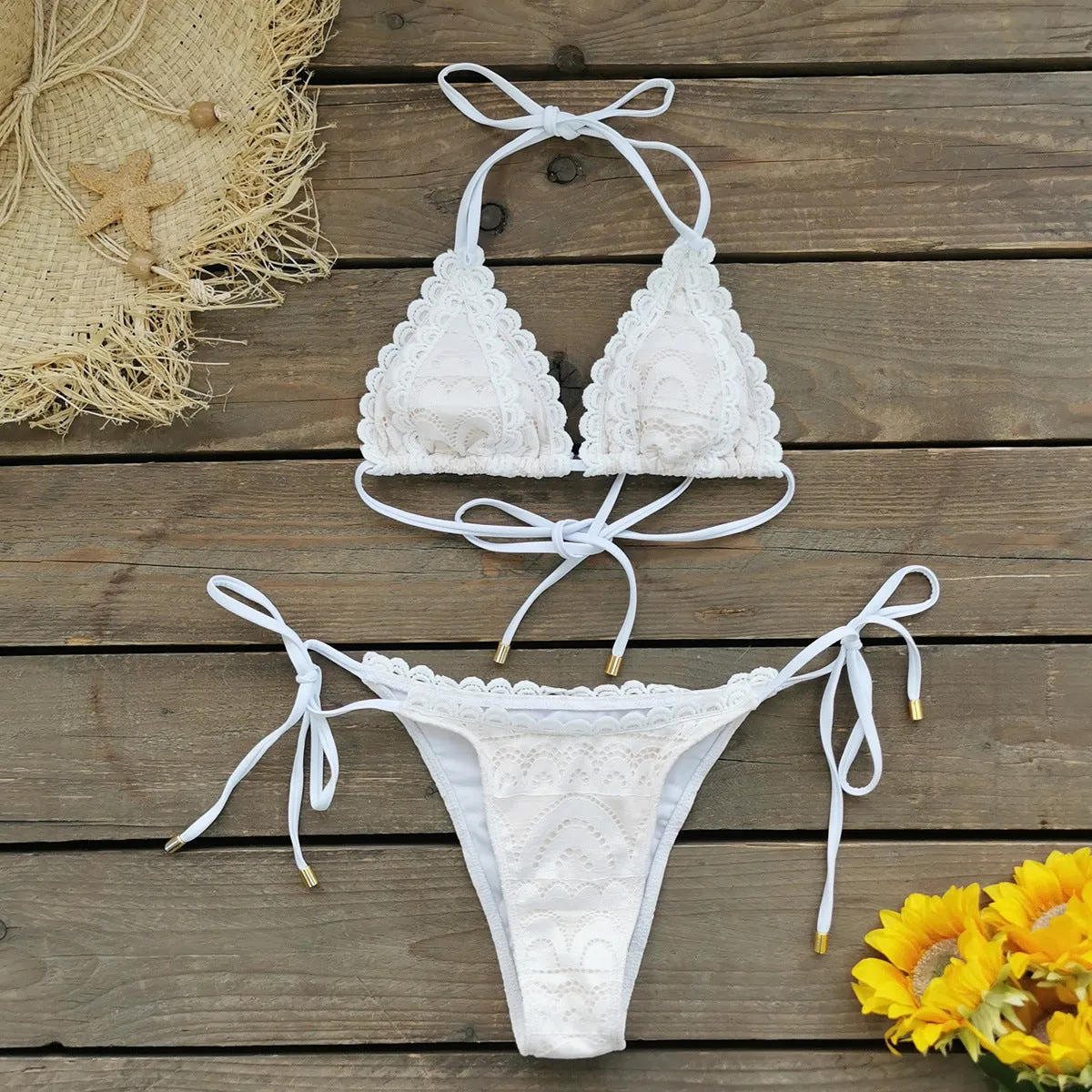 Delicate Lace-Trimmed Triangle Bikini with Adjustable Tie Sides