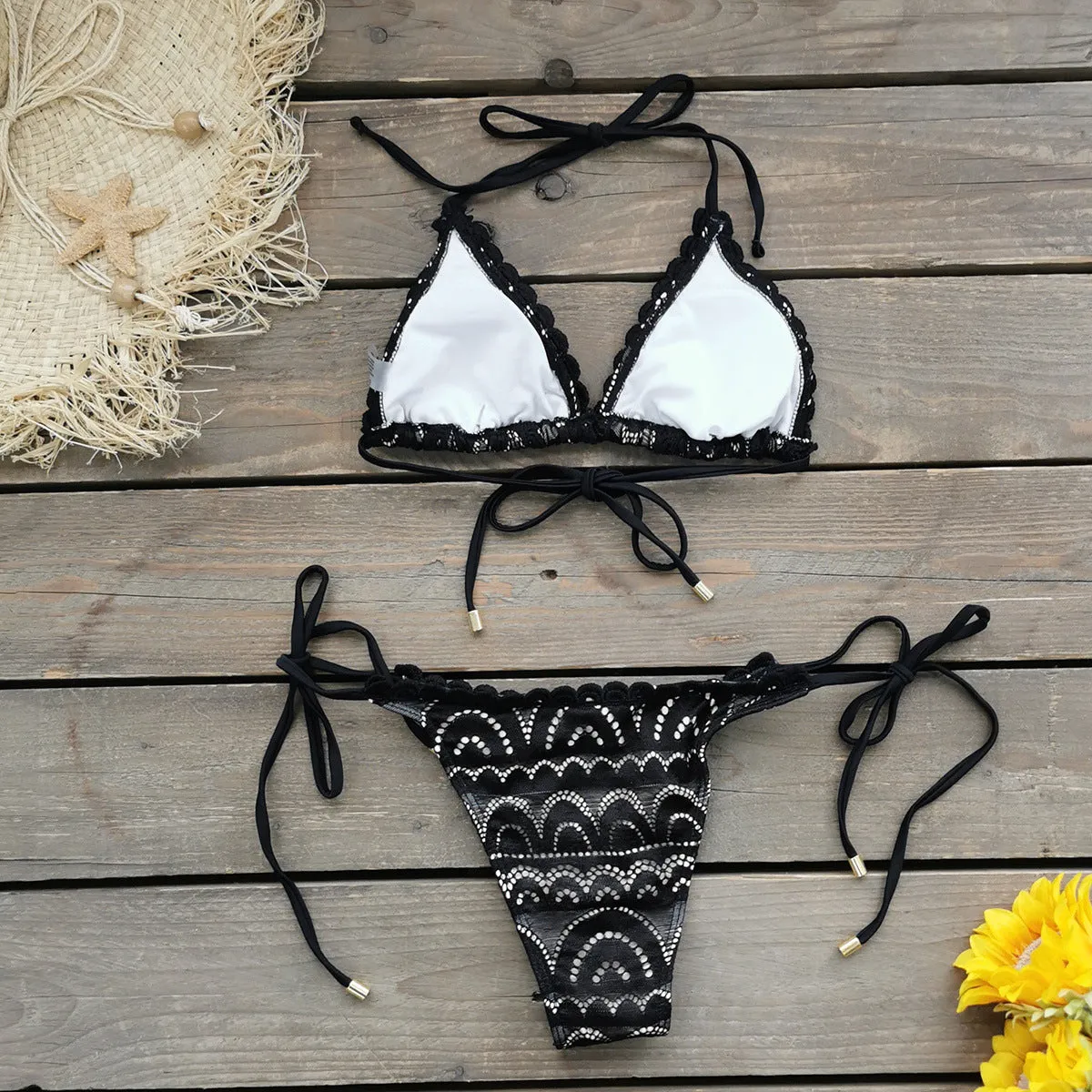 Delicate Lace-Trimmed Triangle Bikini with Adjustable Tie Sides