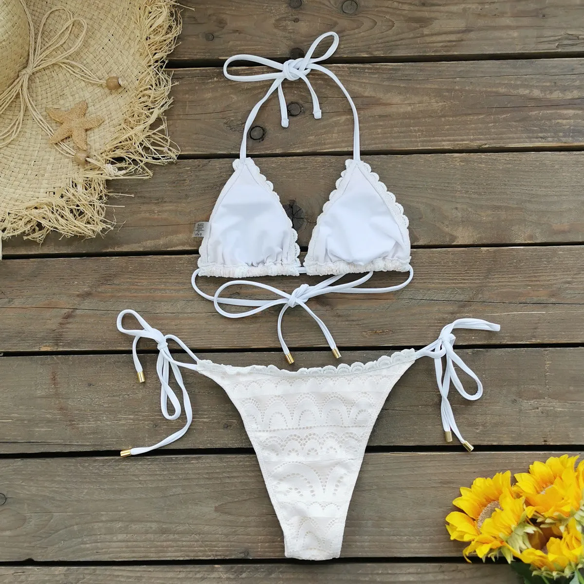 Delicate Lace-Trimmed Triangle Bikini with Adjustable Tie Sides