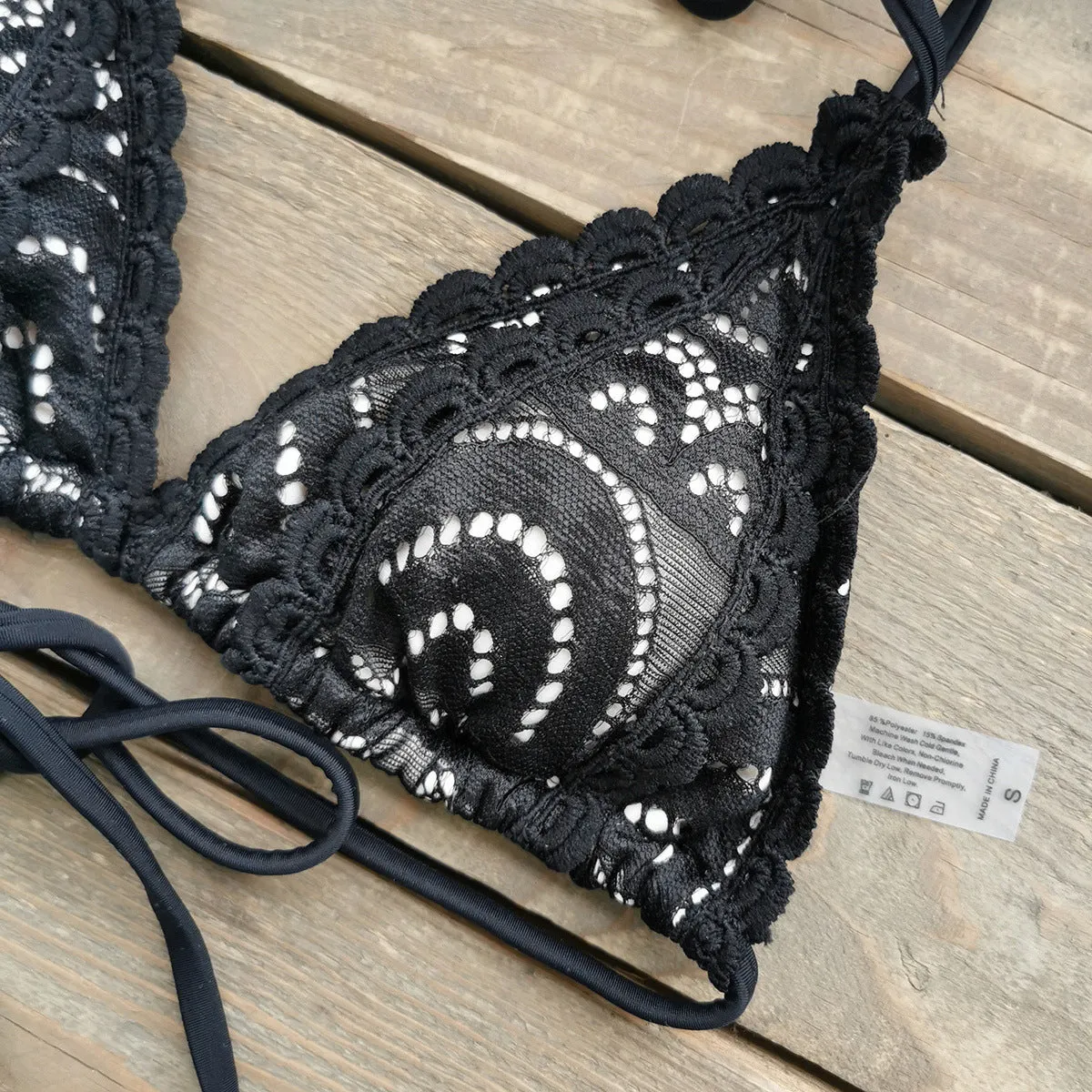 Delicate Lace-Trimmed Triangle Bikini with Adjustable Tie Sides