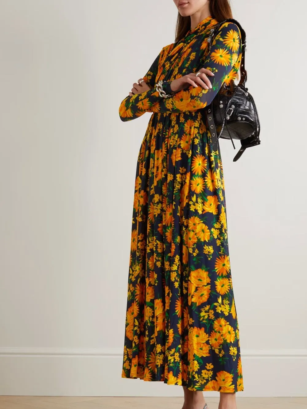 Draped Floral-Print Midi Dress