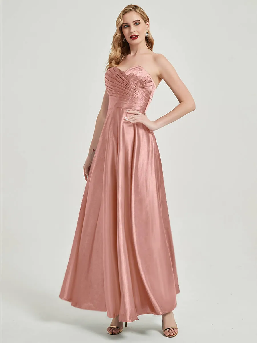 Dusty Pink Satin Sweetheart Strapless Maxi Pleated Bridesmaid Dress