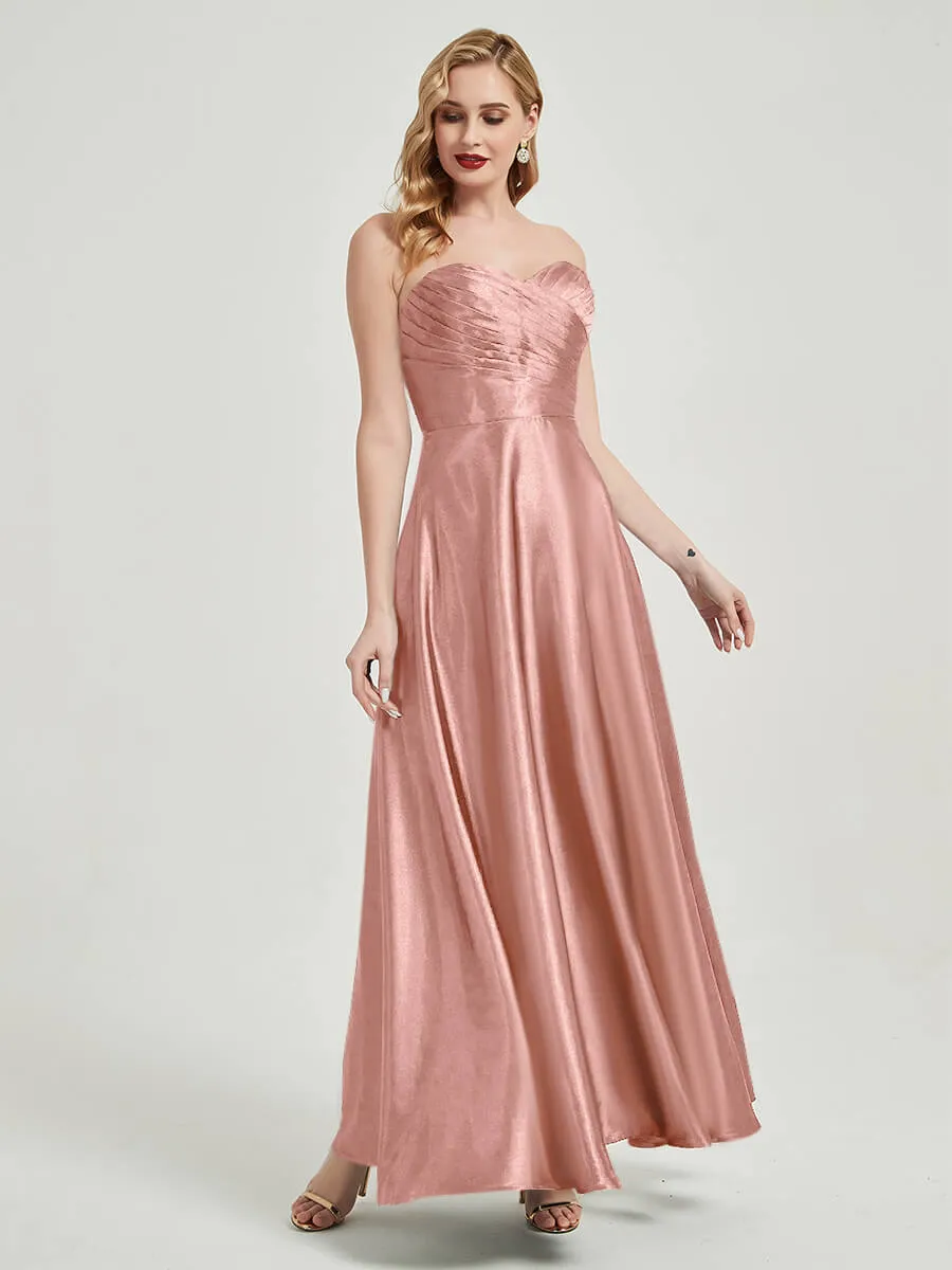 Dusty Pink Satin Sweetheart Strapless Maxi Pleated Bridesmaid Dress