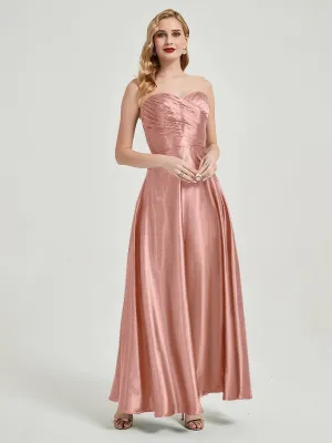 Dusty Pink Satin Sweetheart Strapless Maxi Pleated Bridesmaid Dress