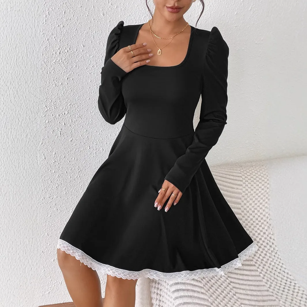 Elegant Square Neck Lace-Trimmed A-Line Dress with Long Sleeves