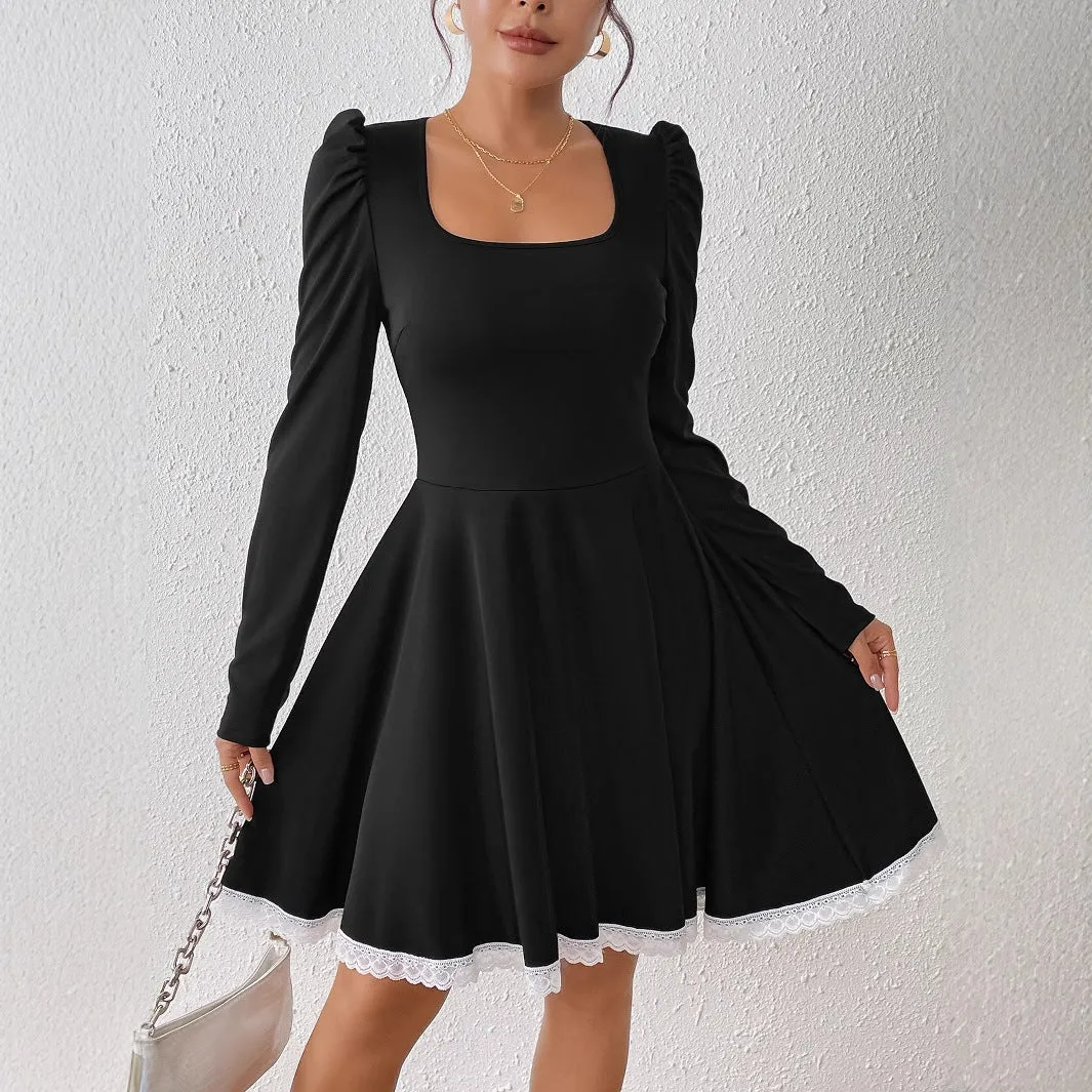 Elegant Square Neck Lace-Trimmed A-Line Dress with Long Sleeves