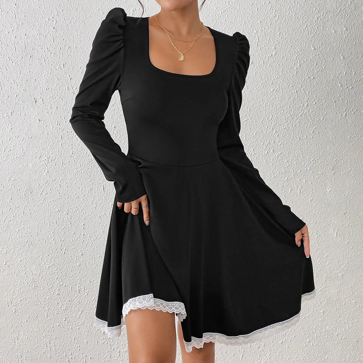 Elegant Square Neck Lace-Trimmed A-Line Dress with Long Sleeves