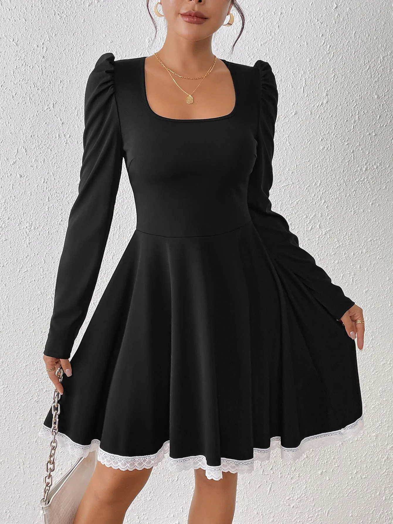 Elegant Square Neck Lace-Trimmed A-Line Dress with Long Sleeves