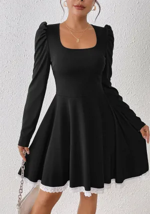 Elegant Square Neck Lace-Trimmed A-Line Dress with Long Sleeves