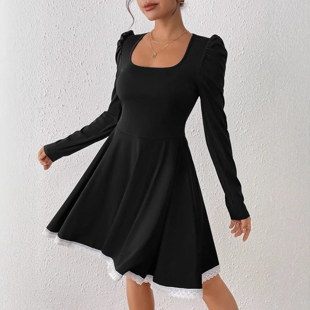 Elegant Square Neck Lace-Trimmed A-Line Dress with Long Sleeves