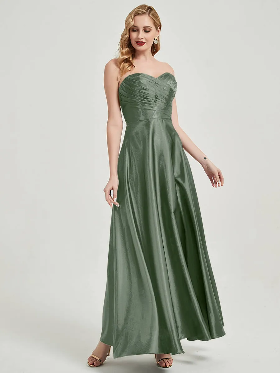 Eucalyptus Satin Sweetheart Strapless Floor Length Pleated Bridesmaid Dress