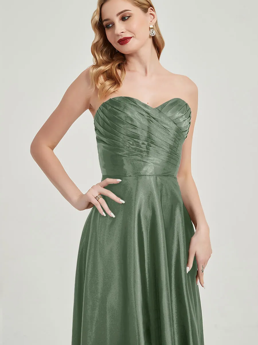 Eucalyptus Satin Sweetheart Strapless Floor Length Pleated Bridesmaid Dress