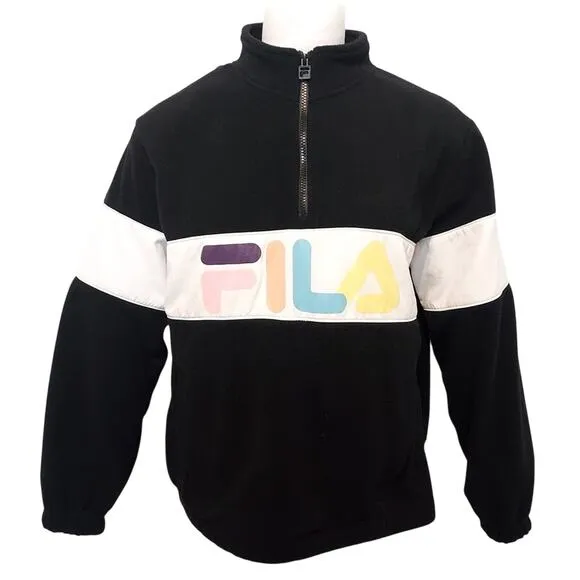 FILA Retro 80's Black Neon Colors White Fleece Quarter Zip Pullover Ski Sweater