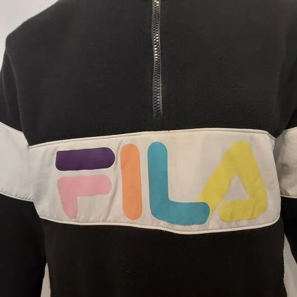 FILA Retro 80's Black Neon Colors White Fleece Quarter Zip Pullover Ski Sweater