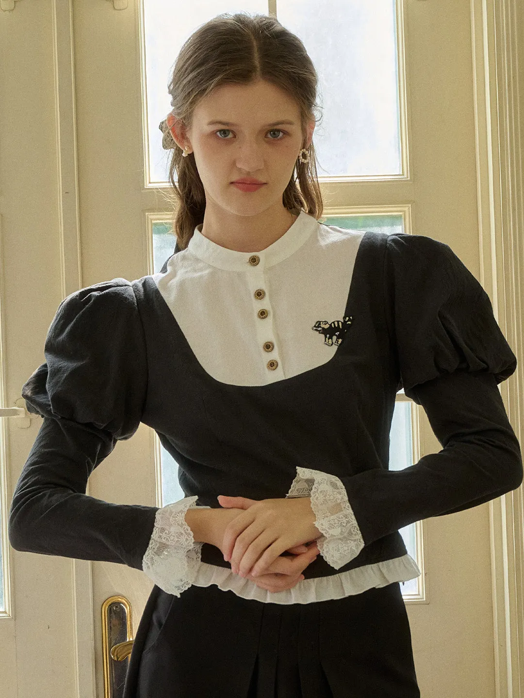【Final Sale】Holly Contrast Color Balloon Sleeve Animal Embroidery Halloween Shirt