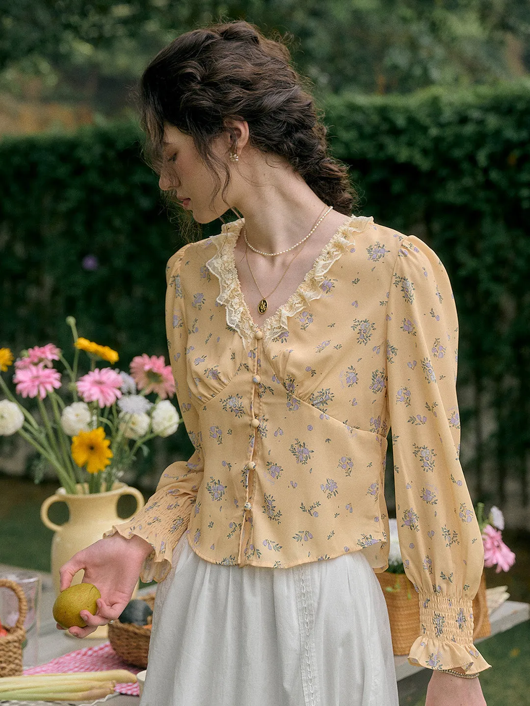 【Final Sale】Laurel V-Neck Floral Blouse - Yellow