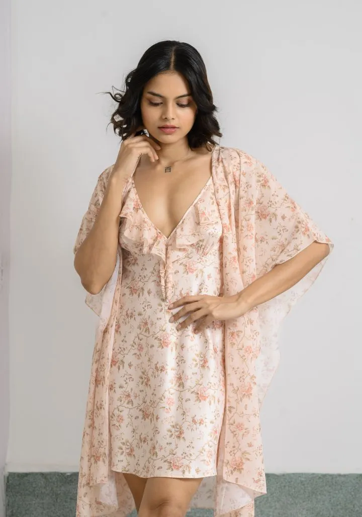 Floral Bloom – Satin Nighty Set with Drape