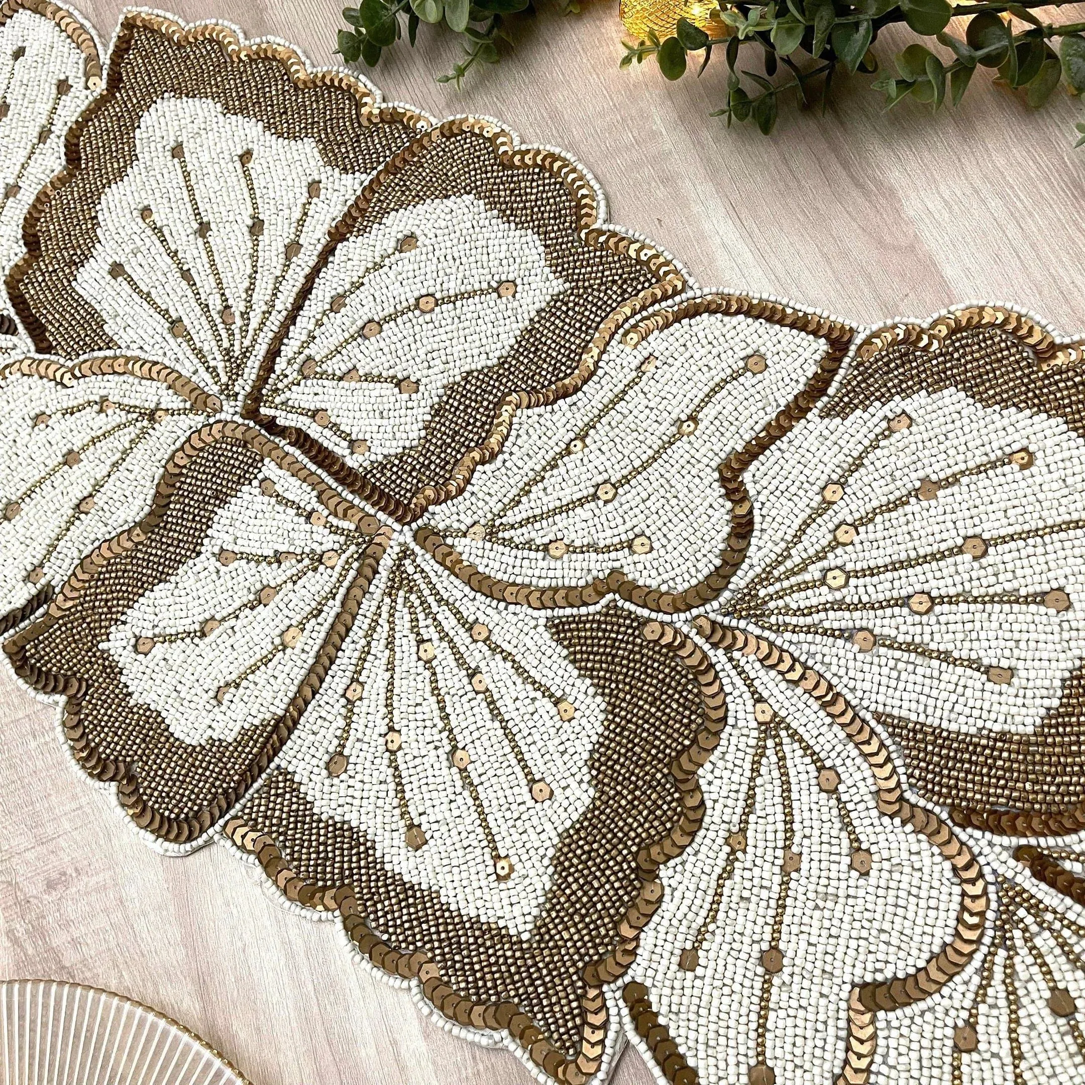 Floral Leaf Beaded Table Runner - Cream and Gold