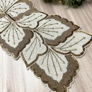Floral Leaf Beaded Table Runner - Cream and Gold