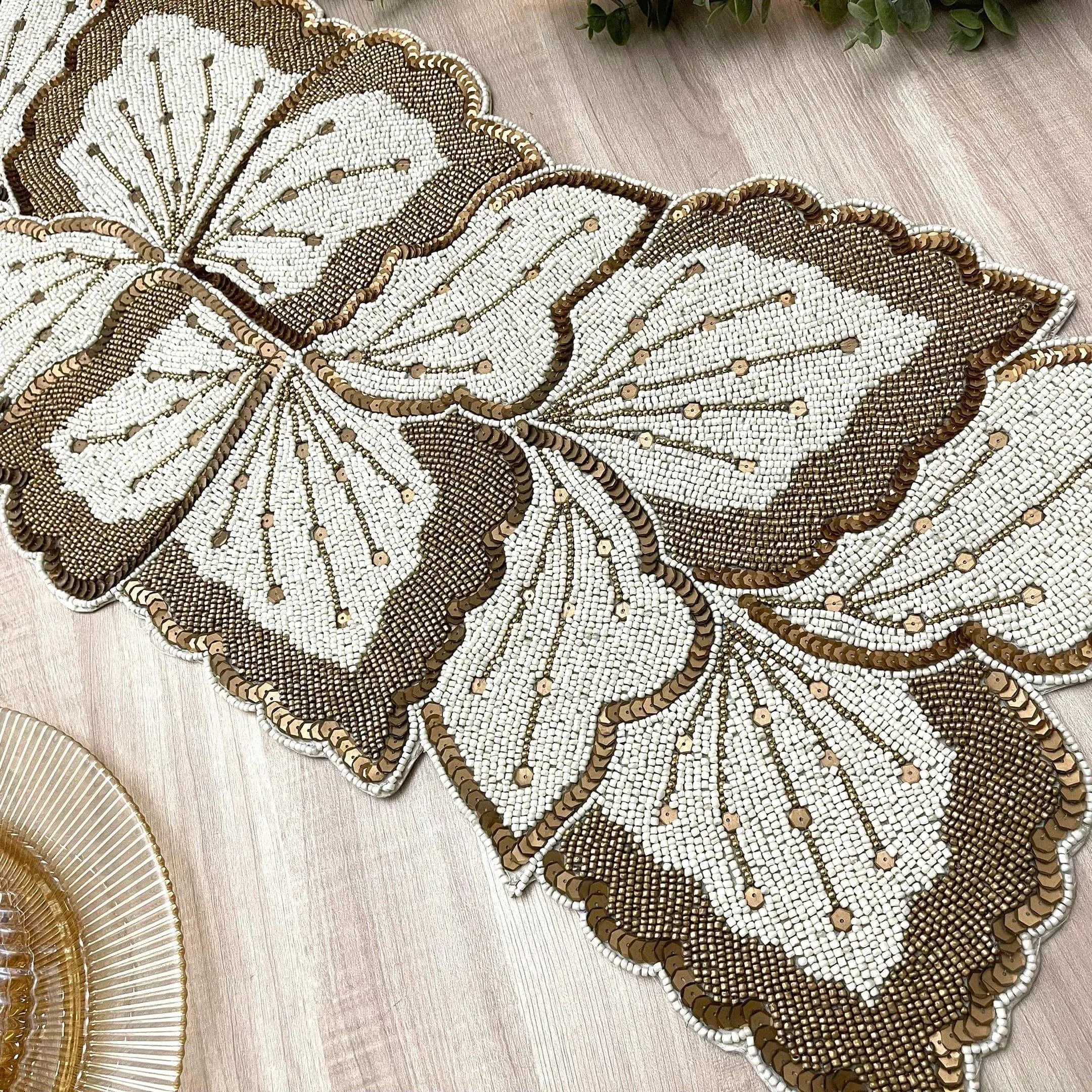 Floral Leaf Beaded Table Runner - Cream and Gold
